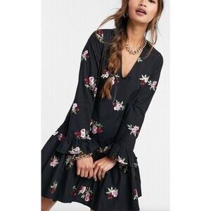 Asos Dress Womens 14 Black Floral Embroidered Mini Tunic Pink Red Tiered